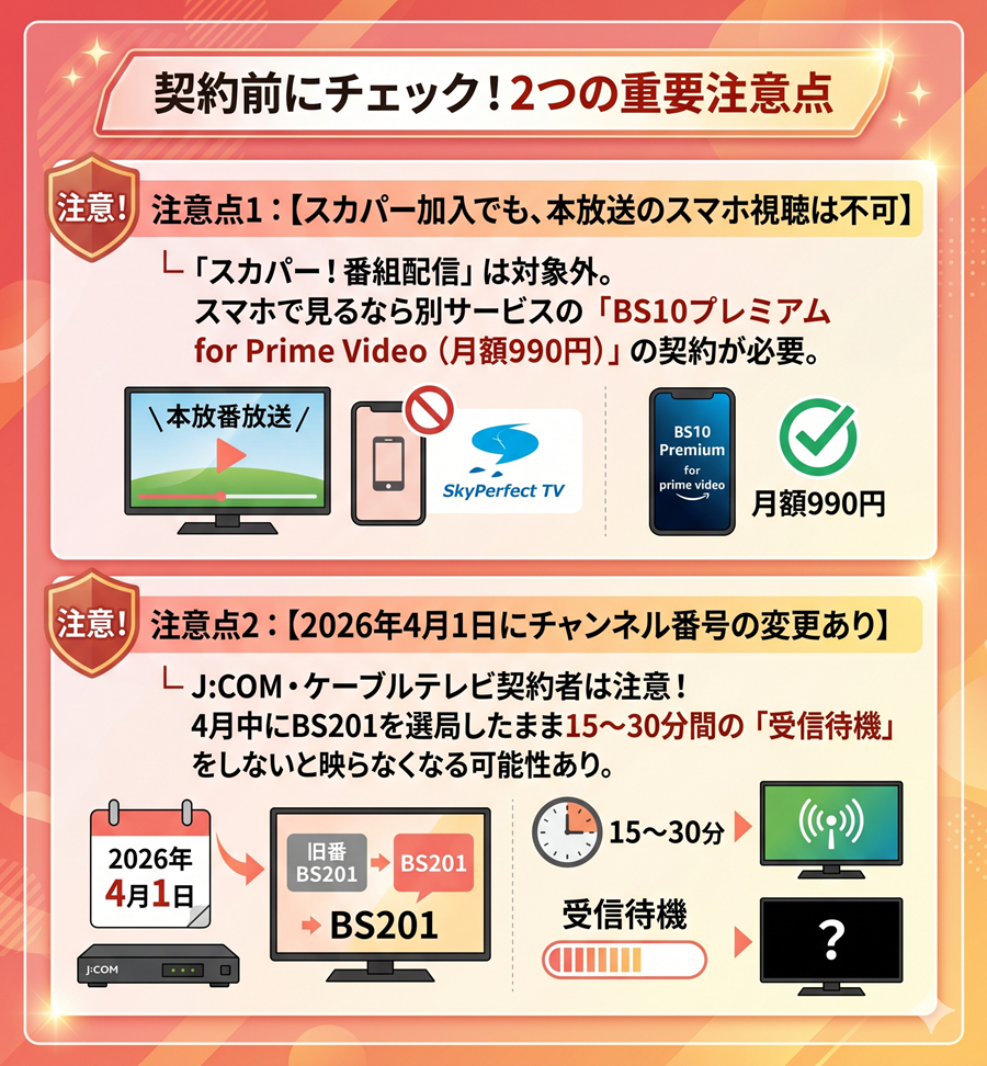 BS10プレミアム契約前の2つの注意点を図解。スカパー番組配信は対象外である点、2026年4月のJ:COM等でのチャンネル番号変更にともなう受信待機について解説
