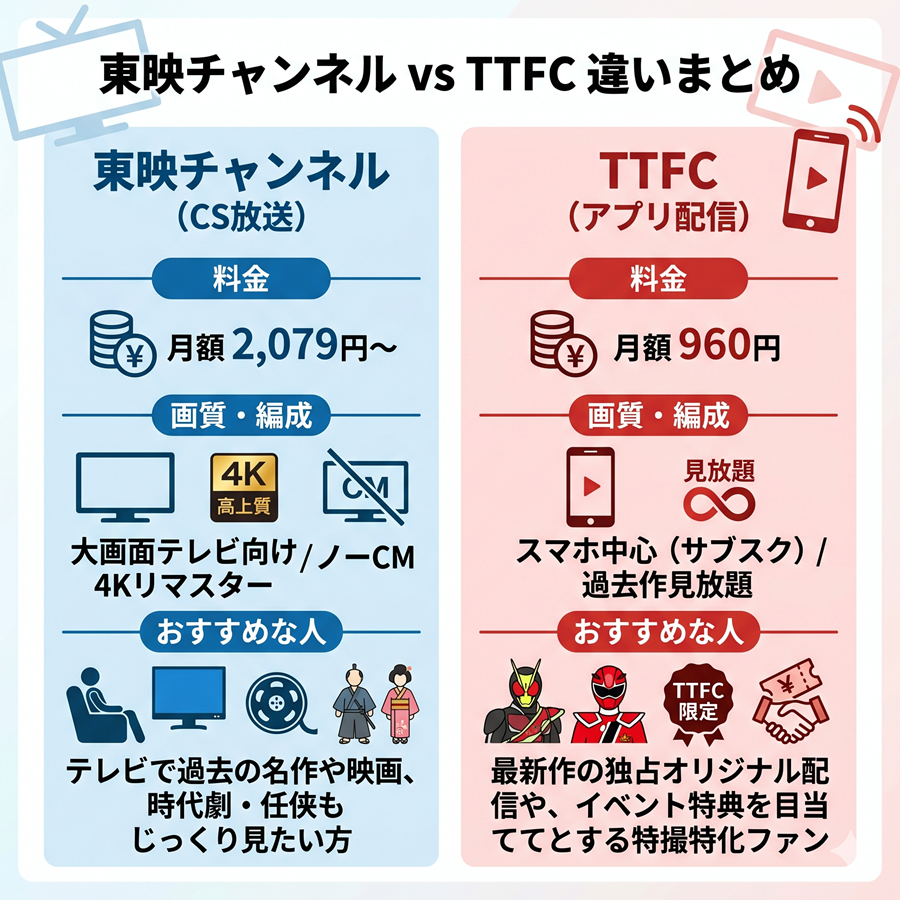 東映チャンネルと東映特撮ファンクラブ（TTFC）の違いを比較した図解。料金、視聴環境、おすすめな人の違いを左右対比で解説