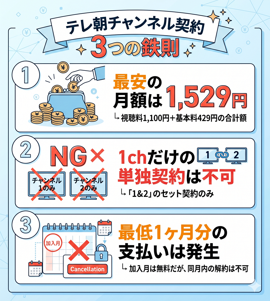 テレ朝チャンネル契約の3つの鉄則を図解。月額1529円の内訳、セット契約のみであること、加入月解約不可