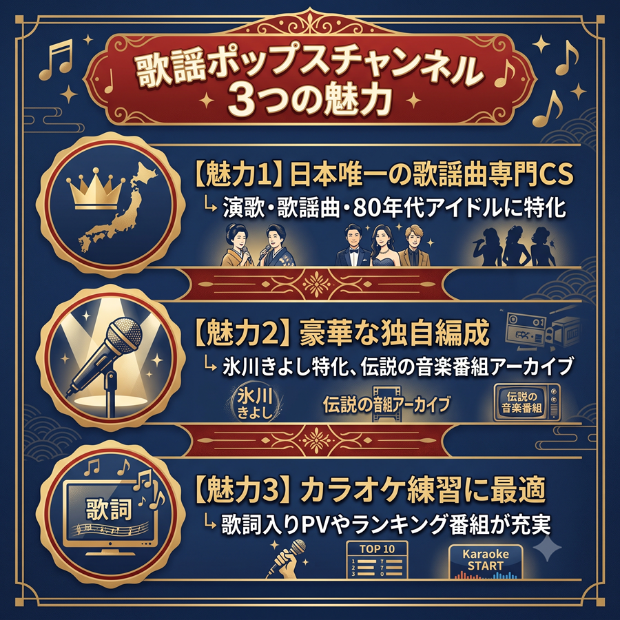 歌謡ポップスチャンネルの3つの魅力を紹介する図解。日本唯一の専門CS、豪華な独自編成、カラオケ練習に最適であることを解説。