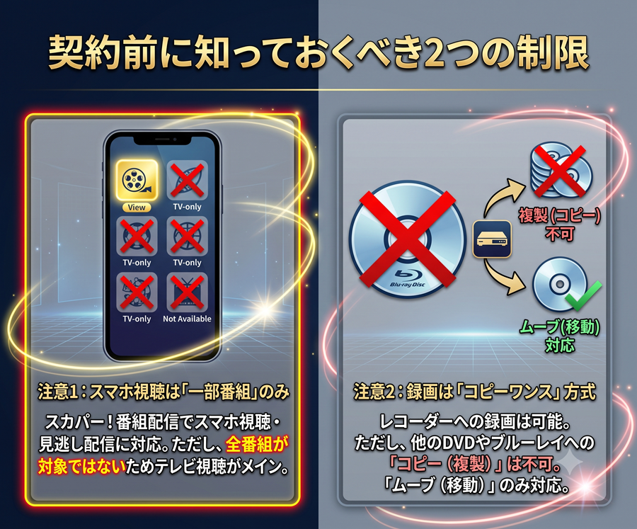WOWOWプラスのスマホ視聴の一部制限と、録画時のコピーワンス制限(ダビング不可)について解説した注意点