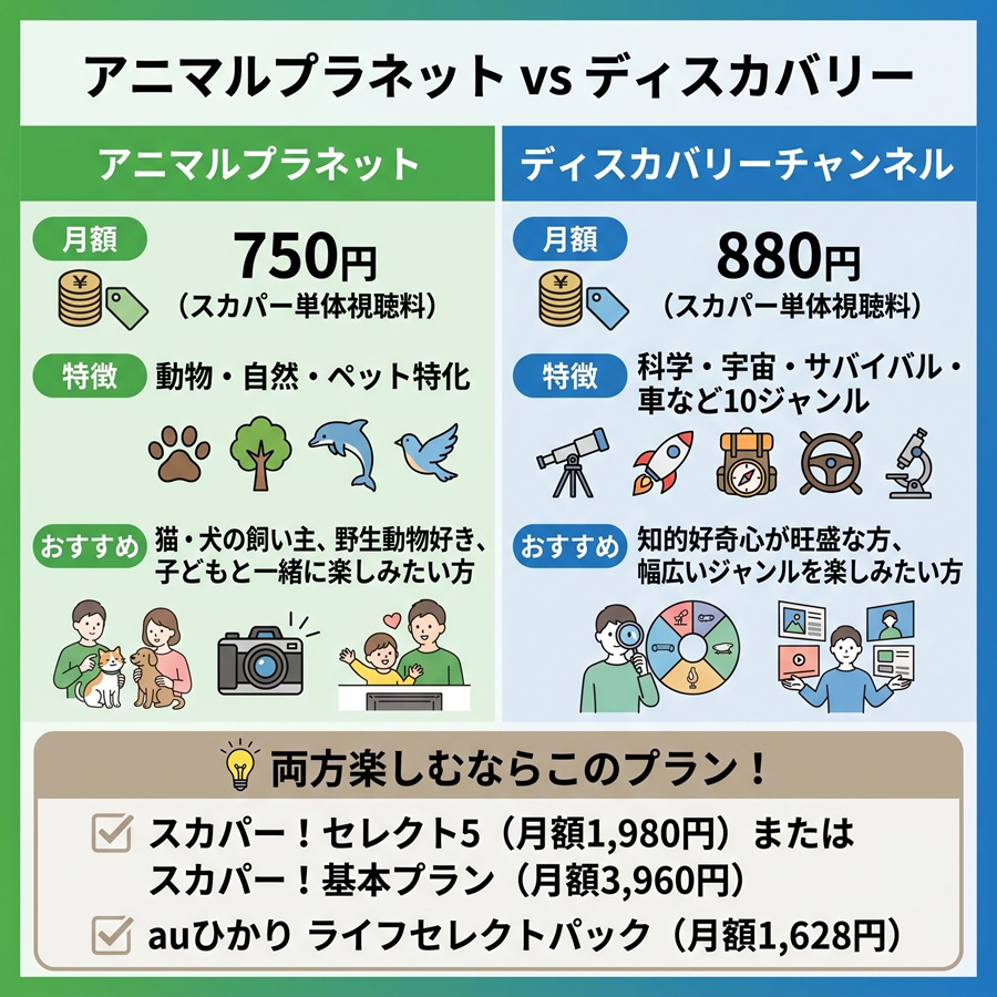 アニマルプラネットとディスカバリーチャンネルの比較図。月額料金・番組ジャンルの違いとセット契約プランの案内