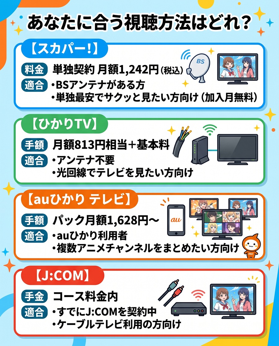 アニマックスの4大視聴方法の料金と特徴を比較。スカパー・ひかりTV・auひかり・J:COMの選び方図解