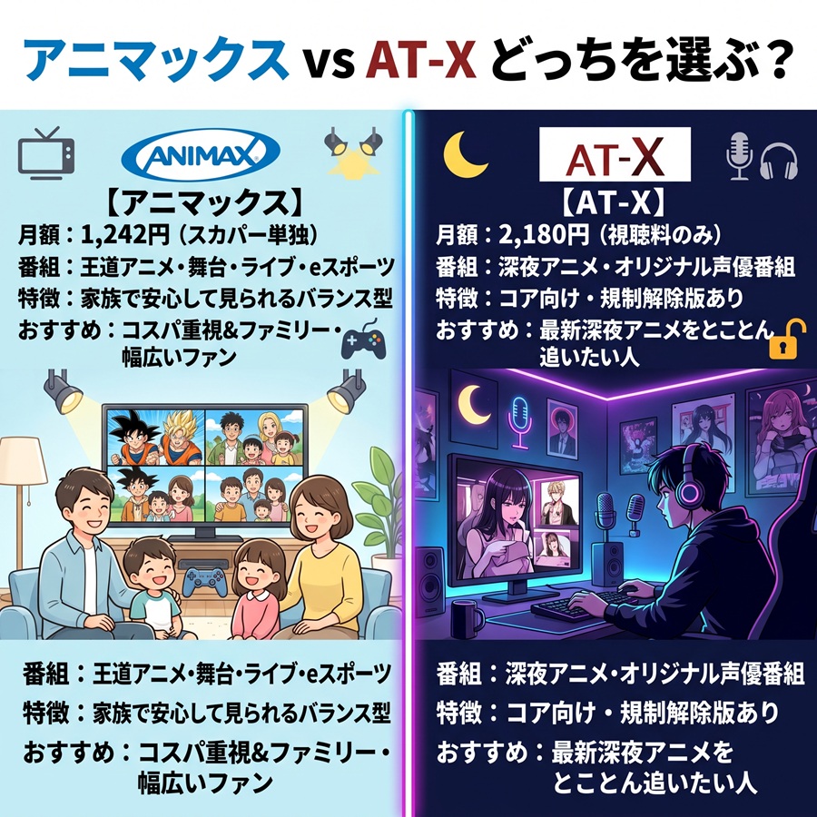 アニマックスとAT-Xの違いを比較。料金・番組ジャンル・おすすめターゲットの左右対比図解