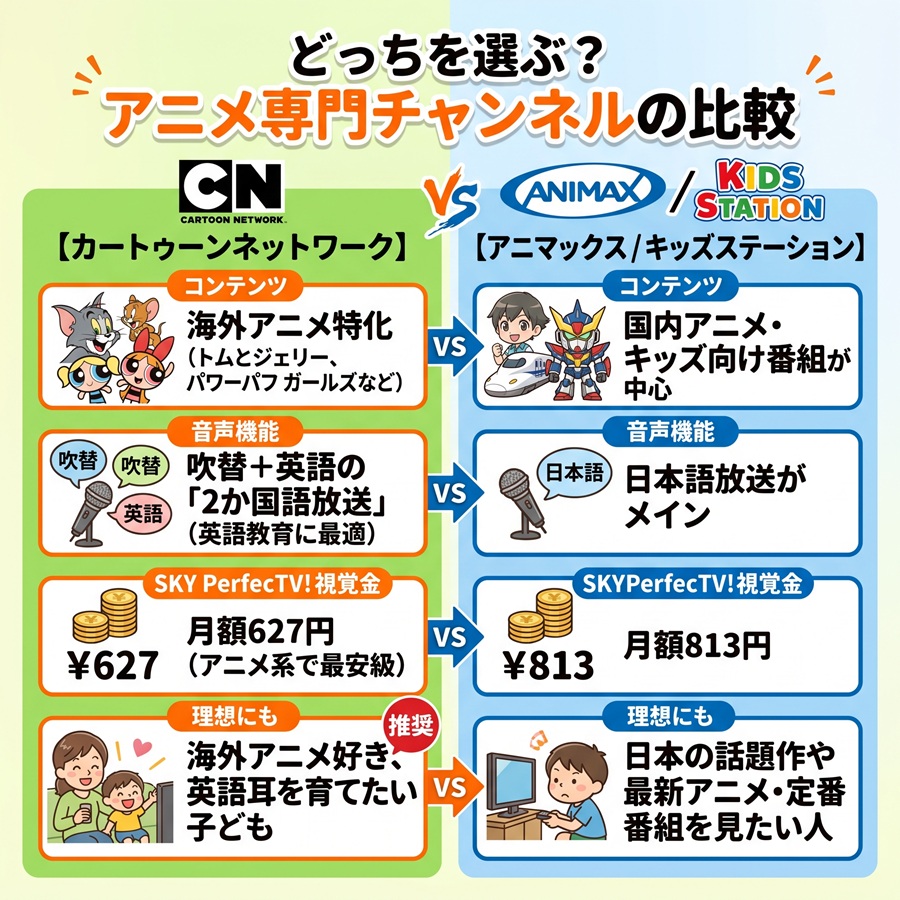 ートゥーンネットワークと国内アニメ専門チャンネル(アニマックス・キッズステーション)の料金、作品ジャンル、英語放送の有無を比較した左右対比図