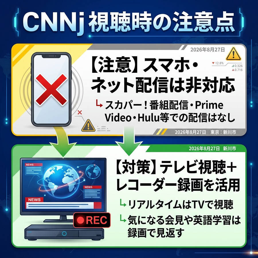 CNNjの視聴注意点を図解。スマホやネット配信は非対応であり、テレビ放送と録画で楽しむ仕組みを解説