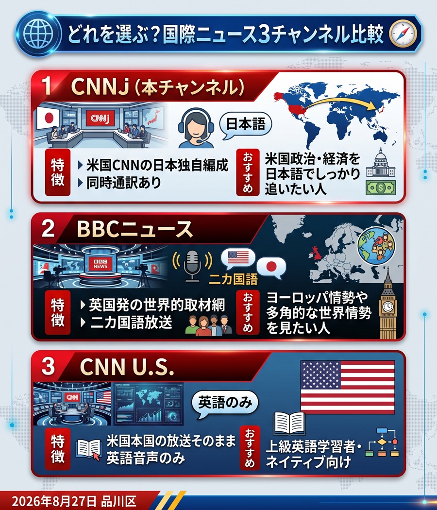 CNNj、BBCニュース、CNN U.S.の3チャンネルの違いとおすすめな人の比較図
