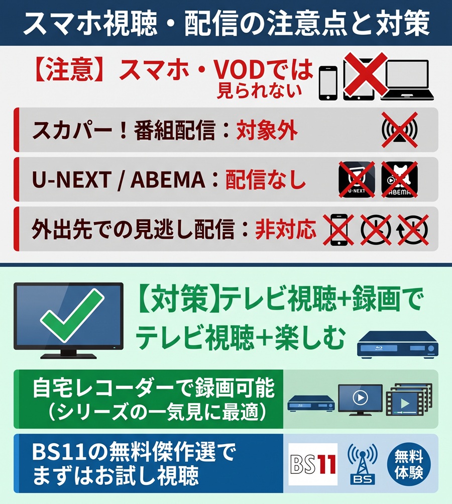 ディスカバリーチャンネルの配信状況と注意点を図解。スマホ配信やVOD非対応の注意点と録画視聴などの対策を整理
