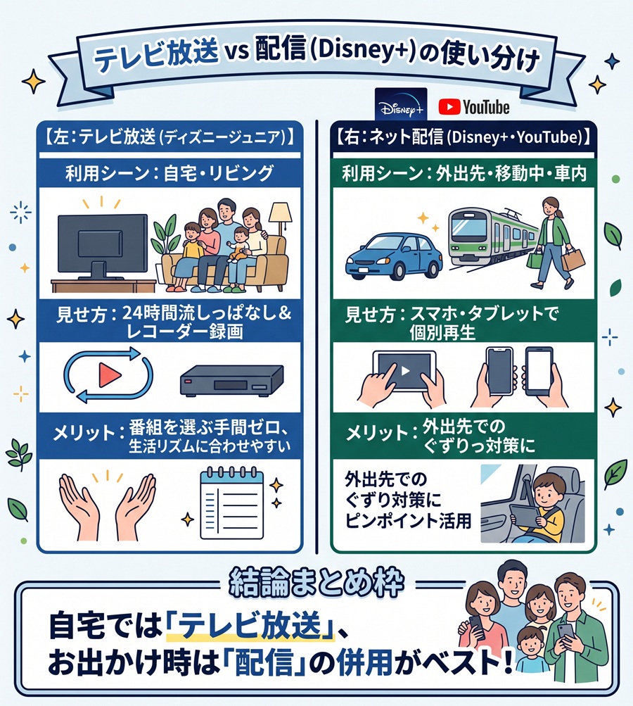 ディズニージュニア(テレビ放送)とDisney+(ネット配信)の使い分けを図解。自宅での流し見と外出先でのスマホ視聴を対比