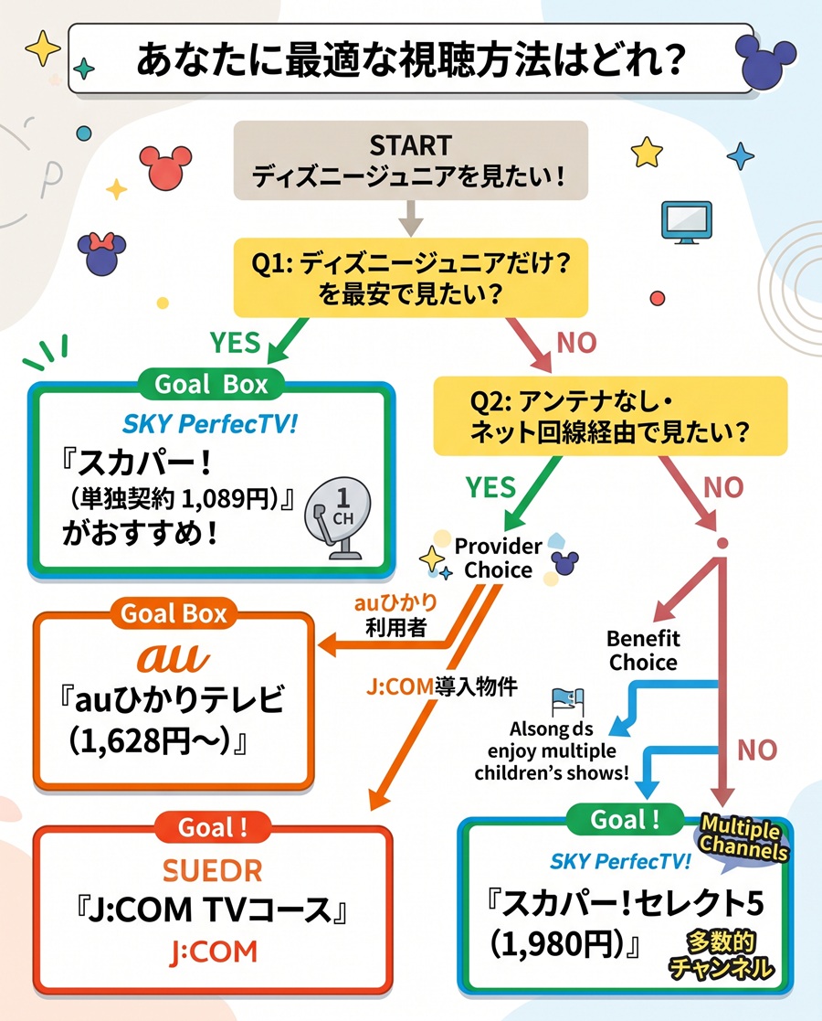 ディズニージュニアの最適な契約先がわかる選び方チャート図。料金や設備に応じたスカパー・auひかり・J:COMの選択基準