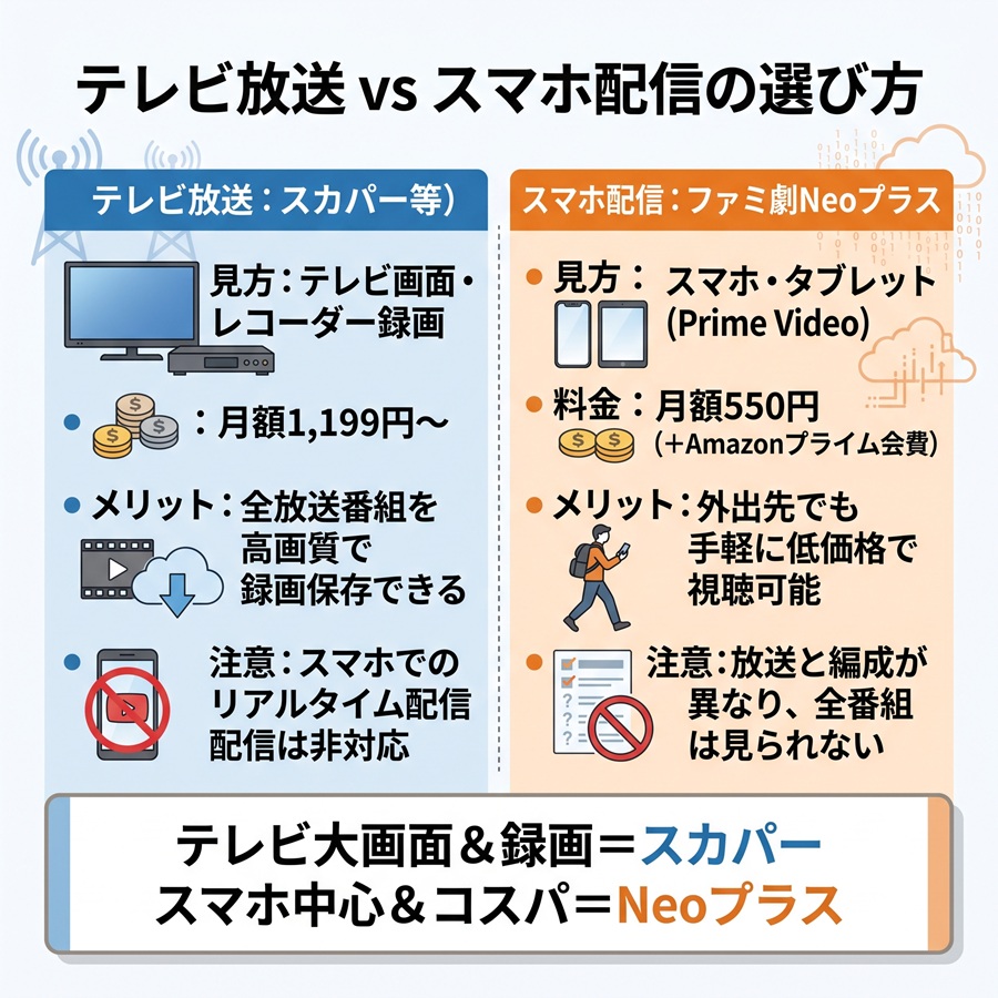 ファミリー劇場のテレビ放送とスマホ配信(ファミ劇Neoプラス)の違いと選び方を比較した図解