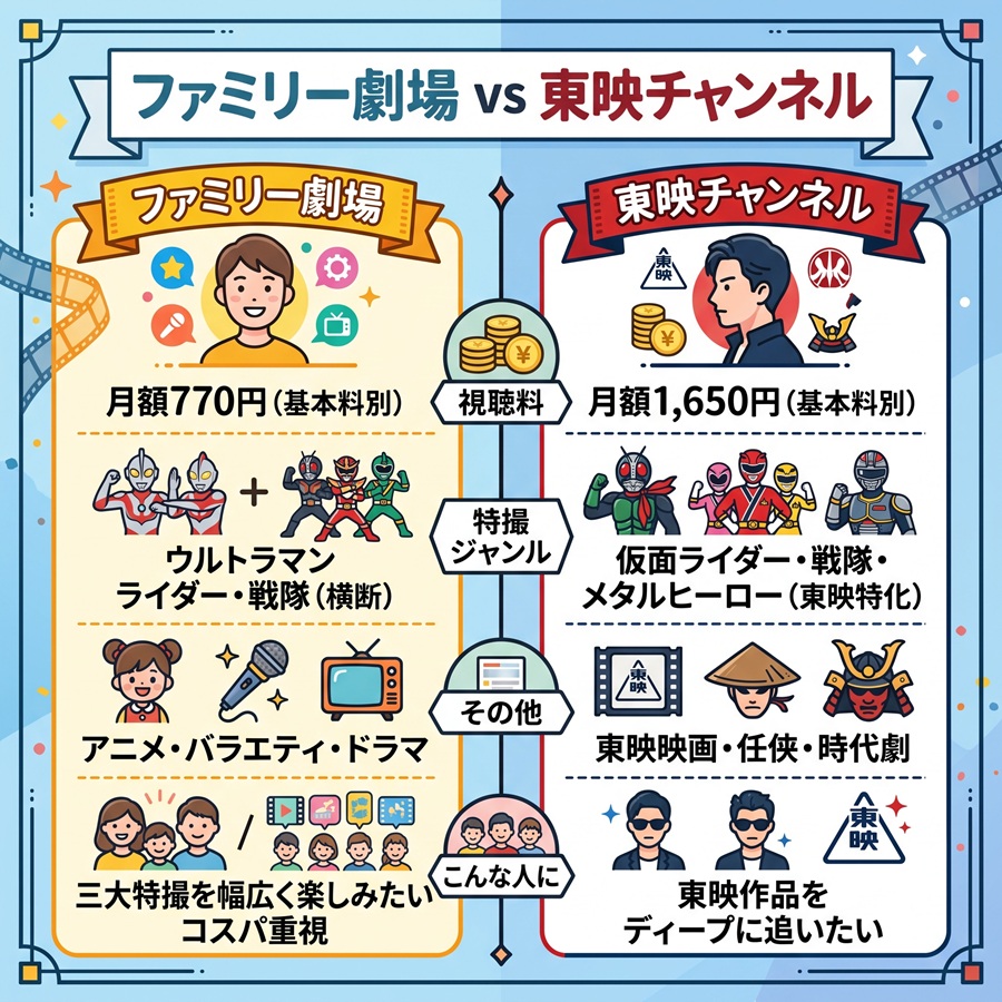 ファミリー劇場と東映チャンネルの料金、特撮ラインナップ、向いている人の違いを比較した図解