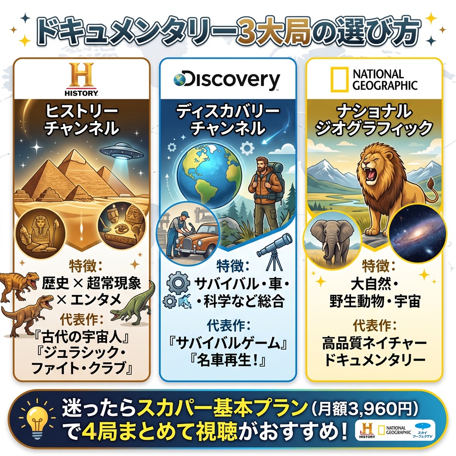 ヒストリーチャンネル、ディスカバリー、ナショジオのジャンルと代表番組の違いをまとめた選び方図解