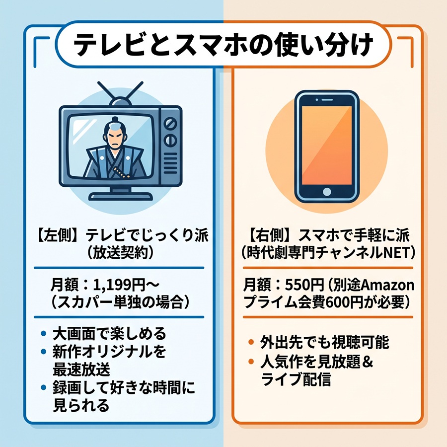 テレビ（放送契約）とスマホ（時代劇専門チャンネルNET）の使い分けを図解。料金や特徴の違いを左右対比で整理。
