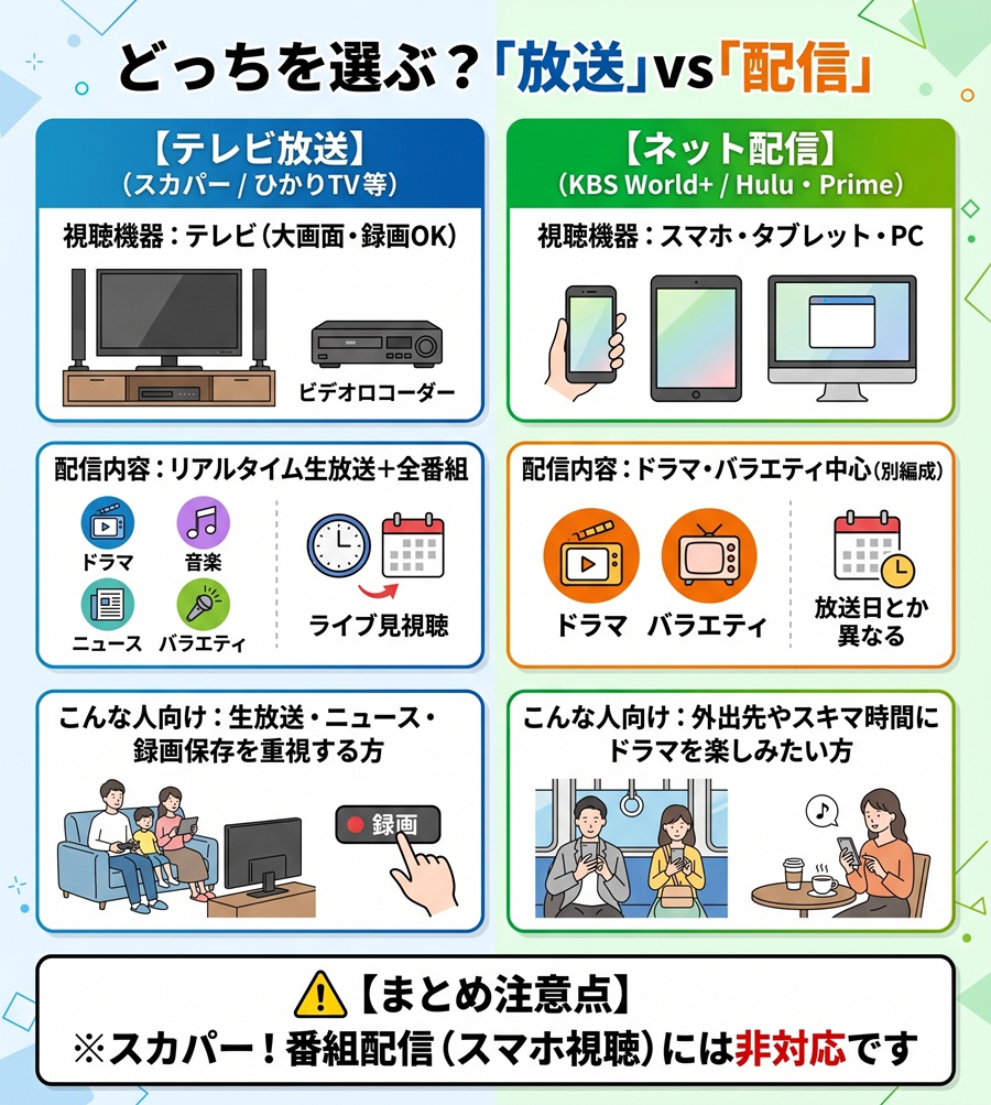 KBS Worldのテレビ放送と配信版KBS World+の違いを比較した図解。生放送重視かスマホ視聴重視かでの選び方を解説