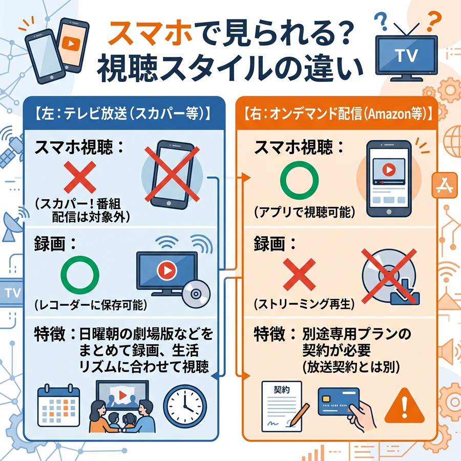キッズステーションのテレビ放送とオンデマンド配信の違いを図解。スマホ視聴の可否や録画対応の比較