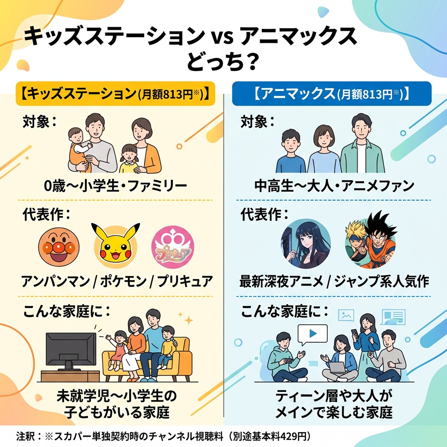 キッズステーションとアニマックスの違いを図解。対象年齢や代表アニメ作品、おすすめ層の比較