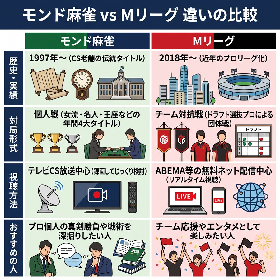 モンド麻雀プロリーグとMリーグの違い対比図。歴史・個人戦と団体戦・視聴方法の違いを比較