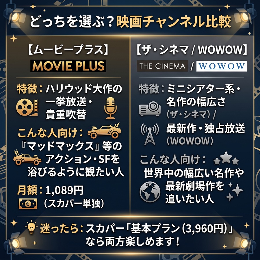 ムービープラスと他社映画チャンネルの比較図。大作・吹替重視のムービープラスと名作・最新作重視の他チャンネルの選び分けを解説