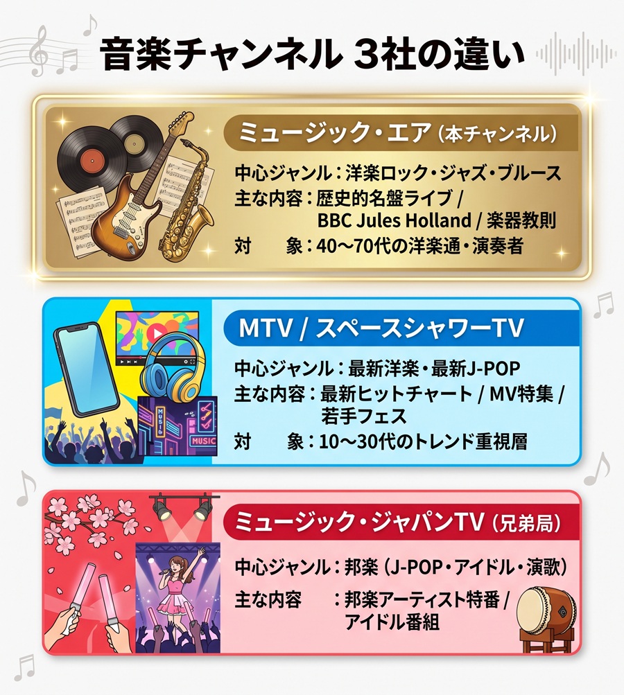 ミュージック・エアと他社音楽チャンネル（MTV・スペースシャワーTV・MJTV）のジャンルや対象層の違いを比較した図解