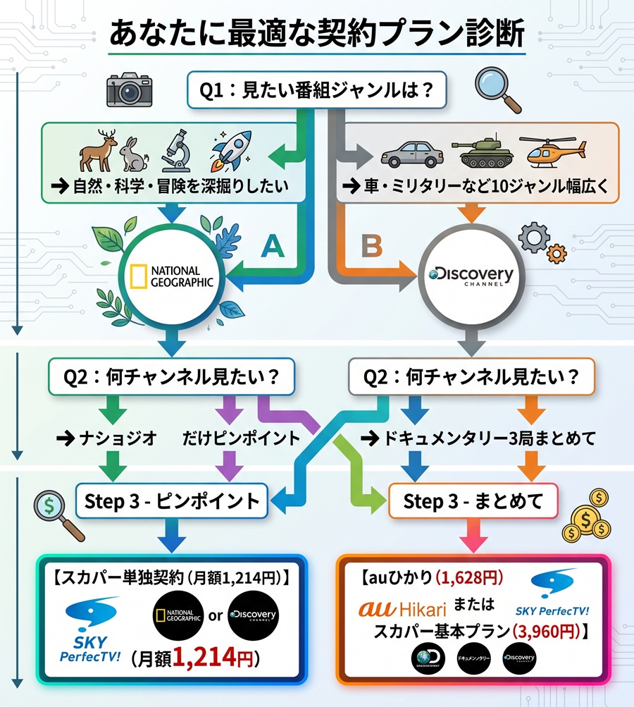 ナショナルジオグラフィックとディスカバリーチャンネルの選び方診断チャート。単独契約から3局セット視聴までの最適プランを整理