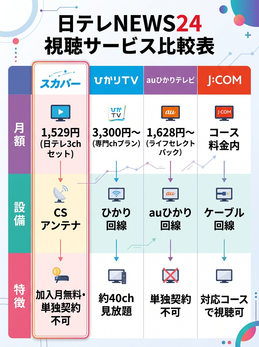 日テレNEWS24を視聴できる4サービスの比較表。スカパー、ひかりTV、auひかりテレビ、J:COMの月額料金、必要な設備、特徴を一覧で比較。