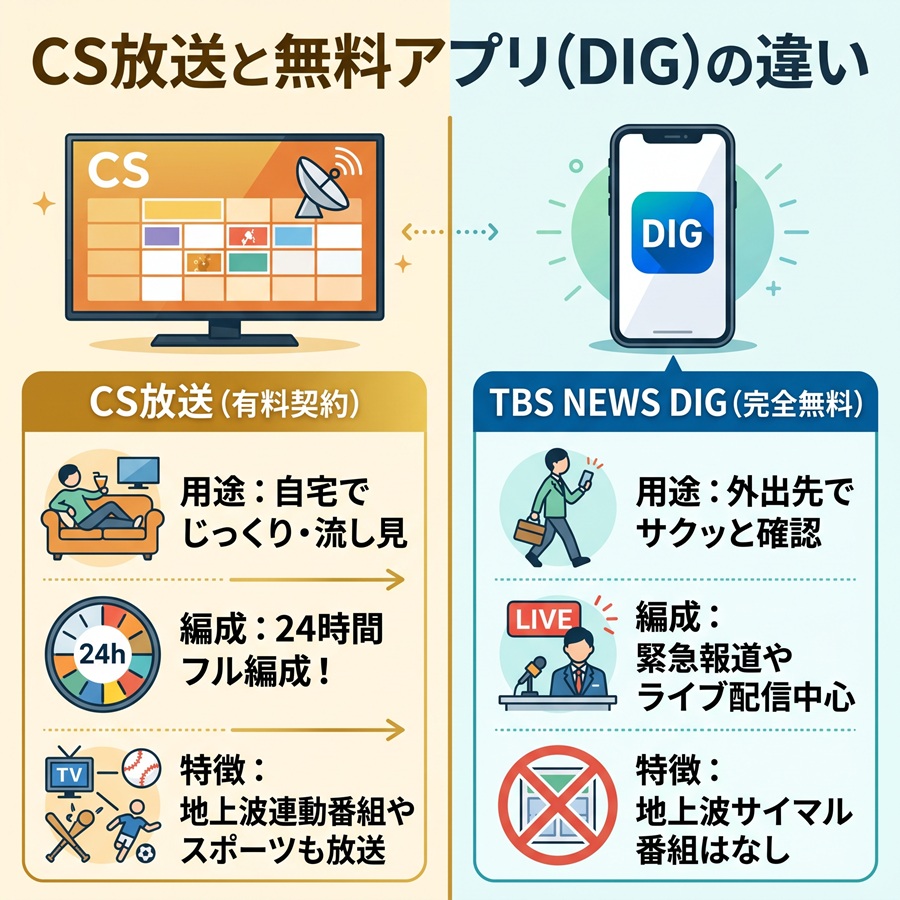 TBS NEWSのCS放送と無料アプリDIGの違いを図解。有料で24時間フル編成のCS放送と、無料で手軽なDIGの特徴を左右で比較