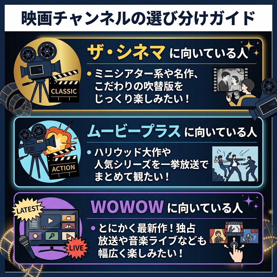 ザ・シネマ、ムービープラス、WOWOWの映画チャンネル選び分けガイド。それぞれの向いている人を解説。
