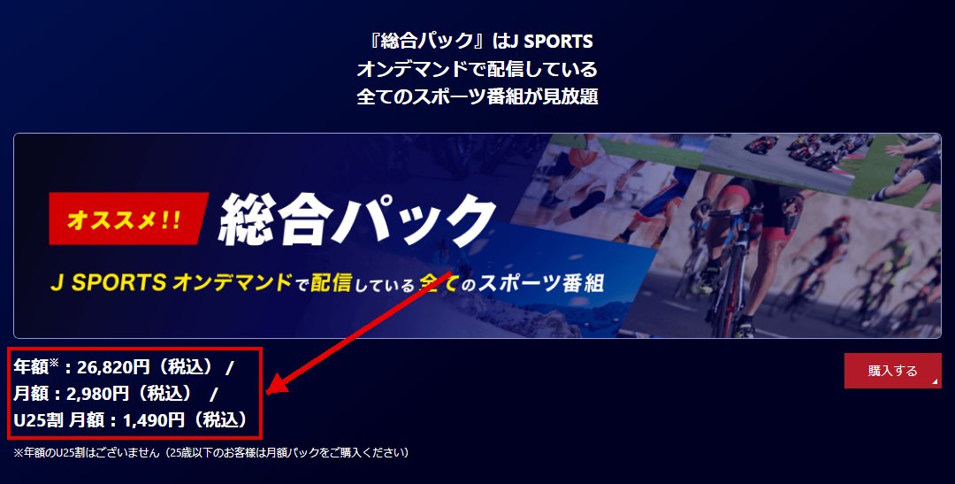 J SPORTSオンデマンド総合パックの料金。月額2,980円、U25割は1,490円
